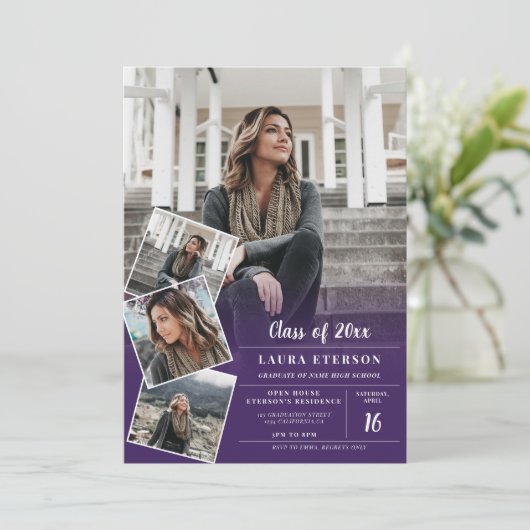 紫のミニマルモダン写真の卒業式 招待状 (スタンド正面)