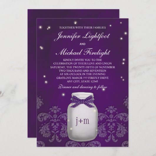 紫のメイソン·ジャ結婚ー 招待状 (正面/裏面)
