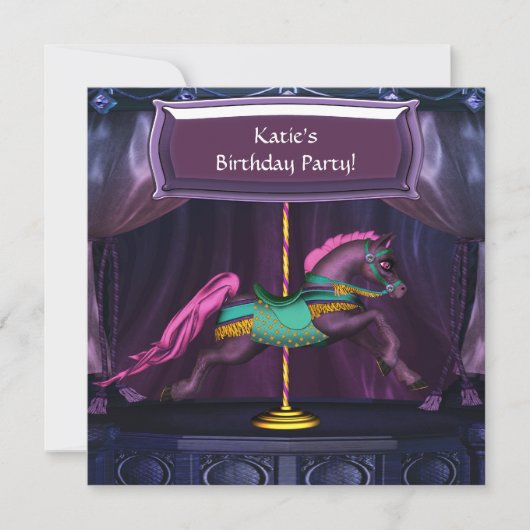 紫のメリーゴーラウンドの馬 誕生日パーティー招待状 招待状 (正面)