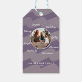 紫のモダンクリスマスの願い家族の写真 ギフトタグ (正面)