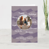 紫のモダンクリスマスの願い家族の写真 シーズンカード (正面)