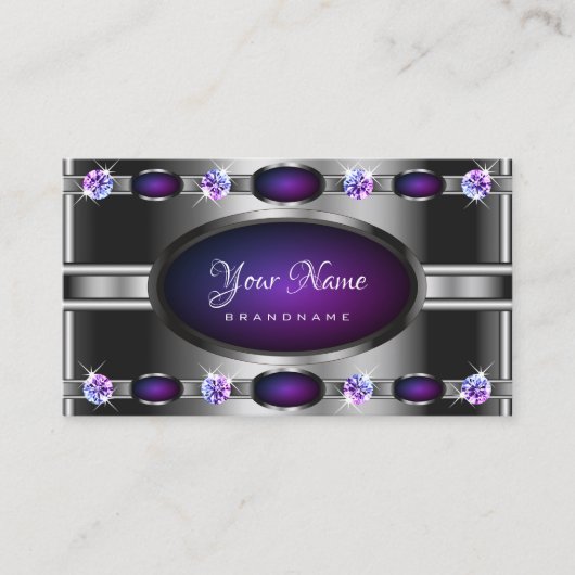 紫のモダングラデーションとラインストーンを持つ銀 名刺 (正面)