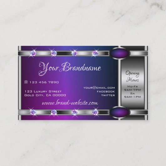 紫のモダングラデーションとラインストーンを持つ銀 名刺 (裏面)