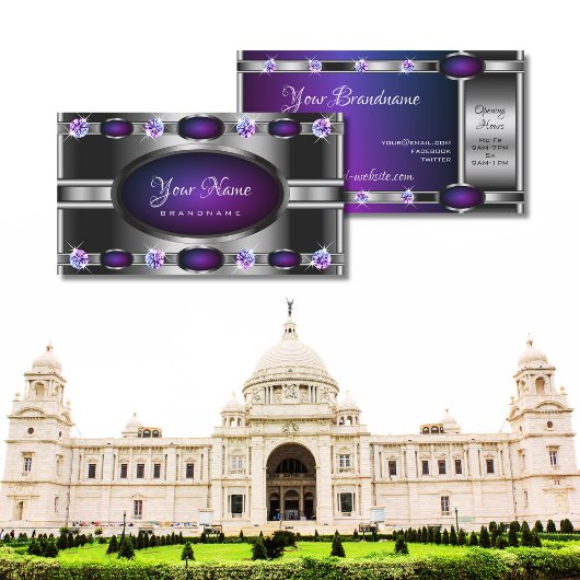 紫のモダングラデーションとラインストーンを持つ銀 名刺