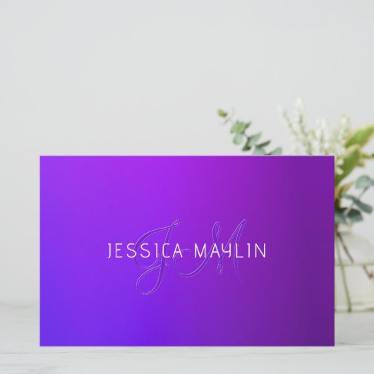 紫のモダングラデーション名とモノグラム 便箋 (スタンド正面)