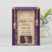 紫のモダンサテンのスクロールの房sepia写真 招待状 (スタンド正面)