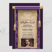紫のモダンサテンのスクロールの房sepia写真 招待状 (正面/裏面)