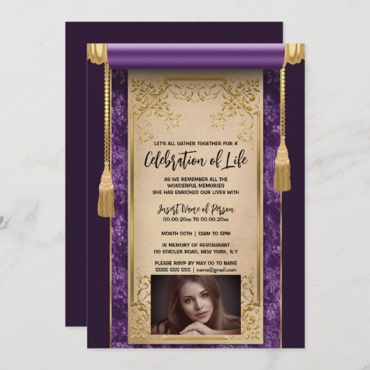 紫のモダンサテンのスクロールの房sepia写真 招待状 (正面/裏面)