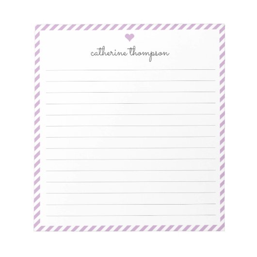 紫のモダンストライプのスクリプフェミニントハート名 ノートパッド (正面)