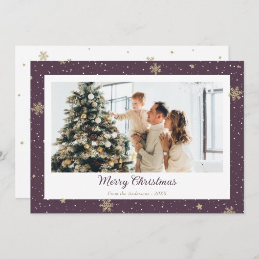 紫のモダンスノーフレーク写真メリークリスマス シーズンカード (正面/裏面)