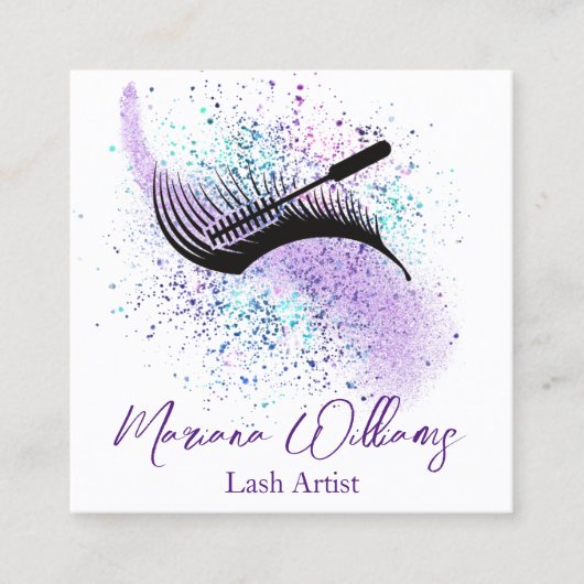 紫のモダンスプラッシュのラッシュアーティストqrコードシック スクエア名刺 (正面)