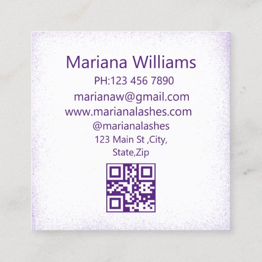 紫のモダンスプラッシュのラッシュアーティストqrコードシック スクエア名刺 (裏面)