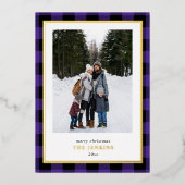 紫のモダンバッファロープレイドクリスマスツーフォト 箔シーズンカード (正面)
