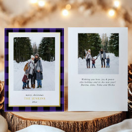 紫のモダンバッファロープレイドクリスマスツーフォト 箔シーズンカード