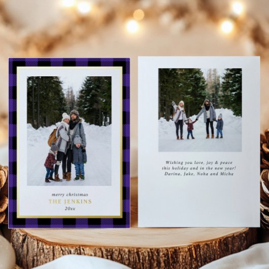 紫のモダンバッファロープレイドクリスマスツーフォト 箔シーズンカード