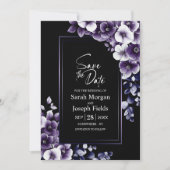 紫のモダンフローラブラック日付の保存 招待状 (正面)