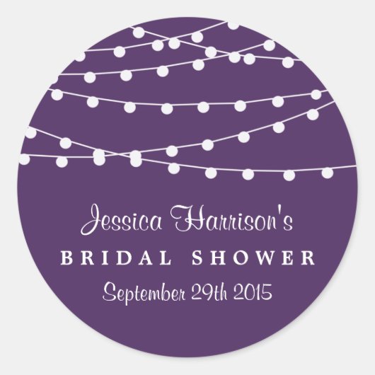 紫のモダンブライダルシャワーに文字列のライト ラウンドシール (正面)