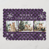 紫のモダン格子状スノーフレーク3フォトコラージュ シーズンカード (正面/裏面)