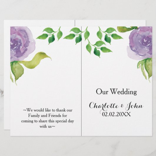 紫のモダン水彩フローラ結婚式 (正面/裏面)