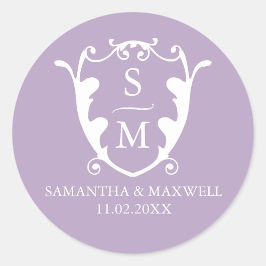 紫のモノグラムの結婚式用シール ラウンドシール (正面)