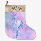 紫のユニコーン水彩金ゴールドグリッツ名 ラージクリスマスストッキング (正面)