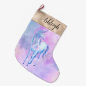 紫のユニコーン水彩金ゴールドグリッツ名 ラージクリスマスストッキング (正面 (吊り時))