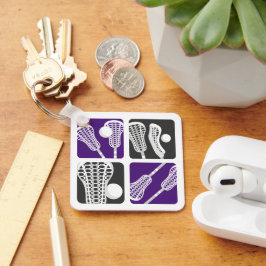 紫のラクロスの棒とボールのブロック キーホルダー