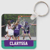 紫のラクロスの棒とボールのブロック キーホルダー (裏面)