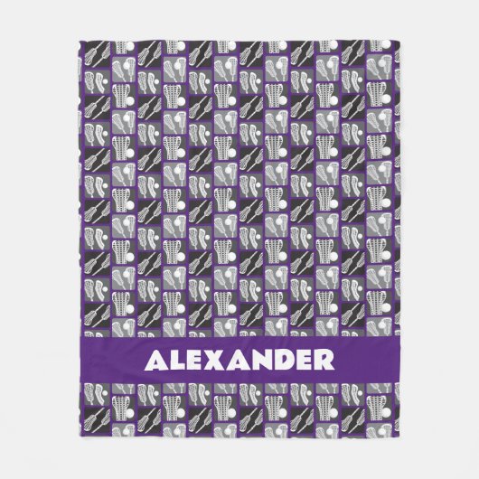 紫のラクロスの棒とボールのブロック フリースブランケット (正面)