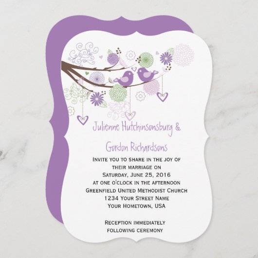 紫のラブバードが渦巻く手描きフローラ結婚ズ 招待状 (正面/裏面)