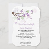 紫のラブバードが渦巻く手描きフローラ結婚ズ 招待状 (正面)
