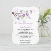 紫のラブバードが渦巻く手描きフローラ結婚ズ 招待状 (スタンド正面)