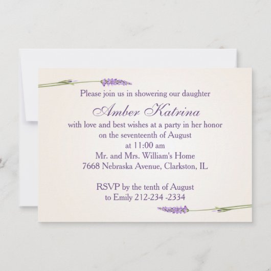 紫のラベンダーの花の木のブライダルシャワー 招待状 (裏面)