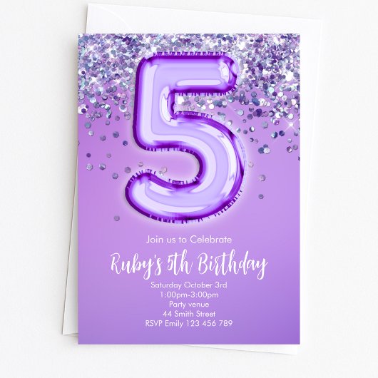 紫のラメ 5歳の誕生日パーティーの招待状 招待状
