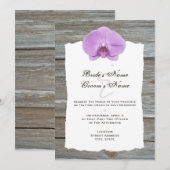 紫のランと納屋の木の結婚式招待状 招待状 (正面/裏面)