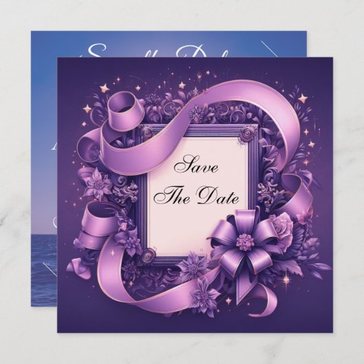 紫のリボンで日付を保存 セーブザデート (正面/裏面)