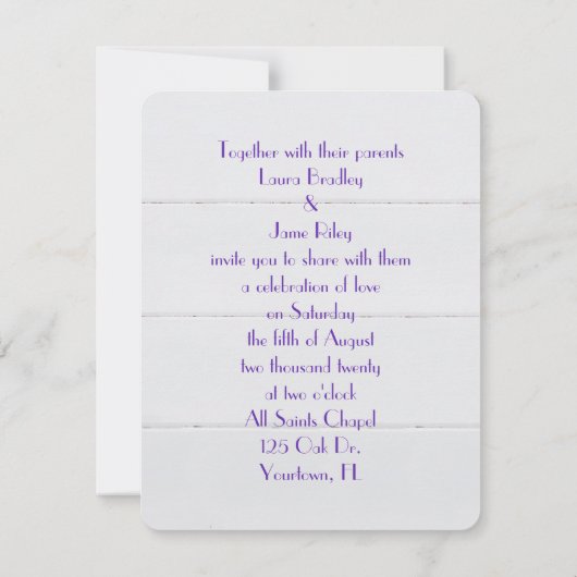 紫のリボンで木に白い文房具を結婚式で飾る 招待状 (裏面)