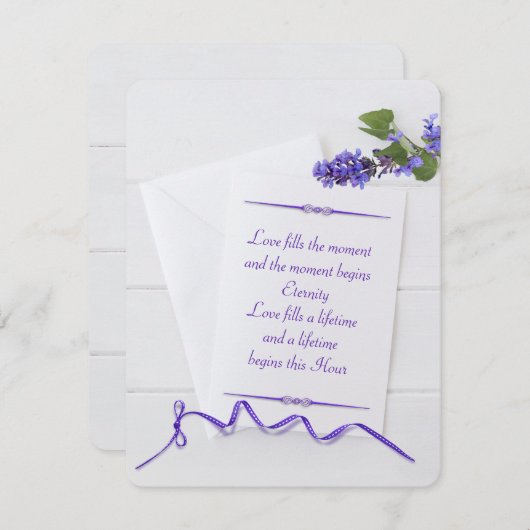 紫のリボンで木に白い文房具を結婚式で飾る 招待状 (正面/裏面)