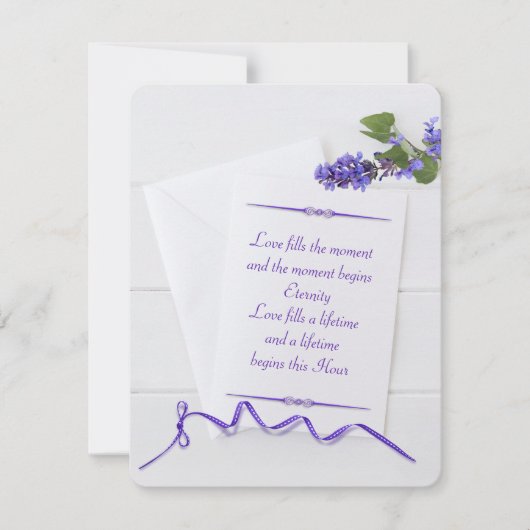 紫のリボンで木に白い文房具を結婚式で飾る 招待状 (正面)