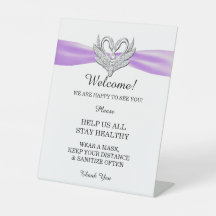 紫のリボンとシルバーの白鳥の結婚式安全ウェルカムボード