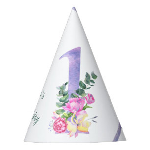 紫のリボンのお花の1歳の誕生日パーティー パーティーハット