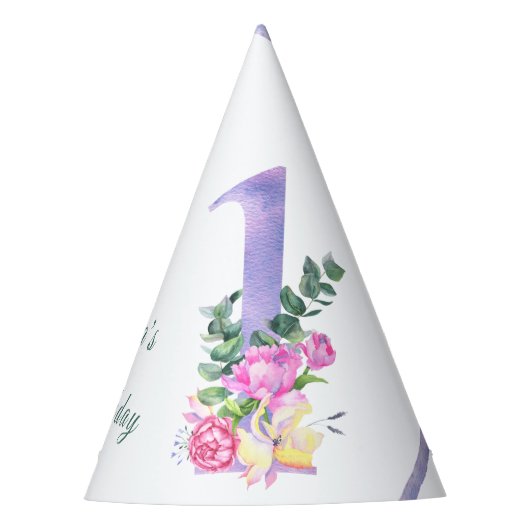紫のリボンのお花の1歳の誕生日パーティー パーティーハット (正面)
