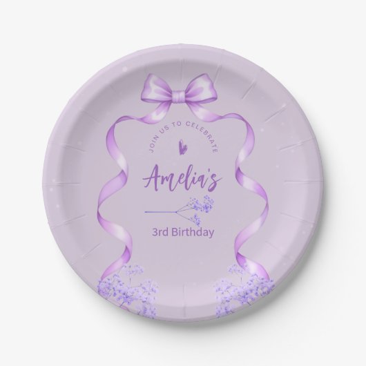 紫のリボンの誕生日ギフト 何歳にも対応 ペーパープレート (正面)