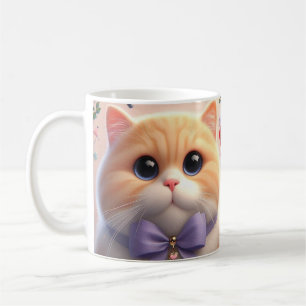 紫のリボンを付けたかわいい猫のマグカップ コーヒーマグカップ