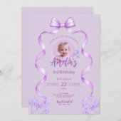 紫のリボン付き誕生日招待状（写真付き） 招待状 (正面/裏面)