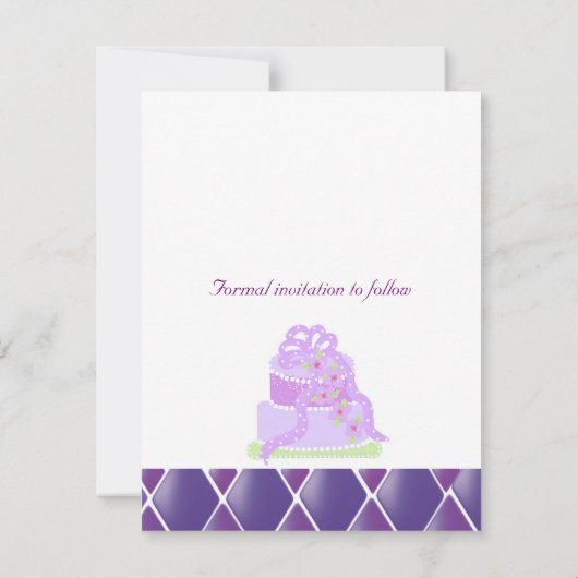 紫のリボン結婚のケーキの日付を保存 セーブザデート (裏面)