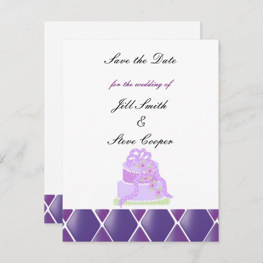 紫のリボン結婚のケーキの日付を保存 セーブザデート (正面/裏面)
