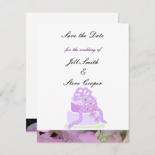 紫のリボン結婚のケーキの日付を保存 セーブザデート (正面/裏面)