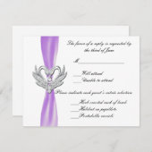 紫のリボン銀色スワンレスポンスカード 出欠カード (正面/裏面)