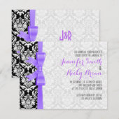 紫のリボン黒と白のダマズ結婚ズ 招待状 (正面/裏面)